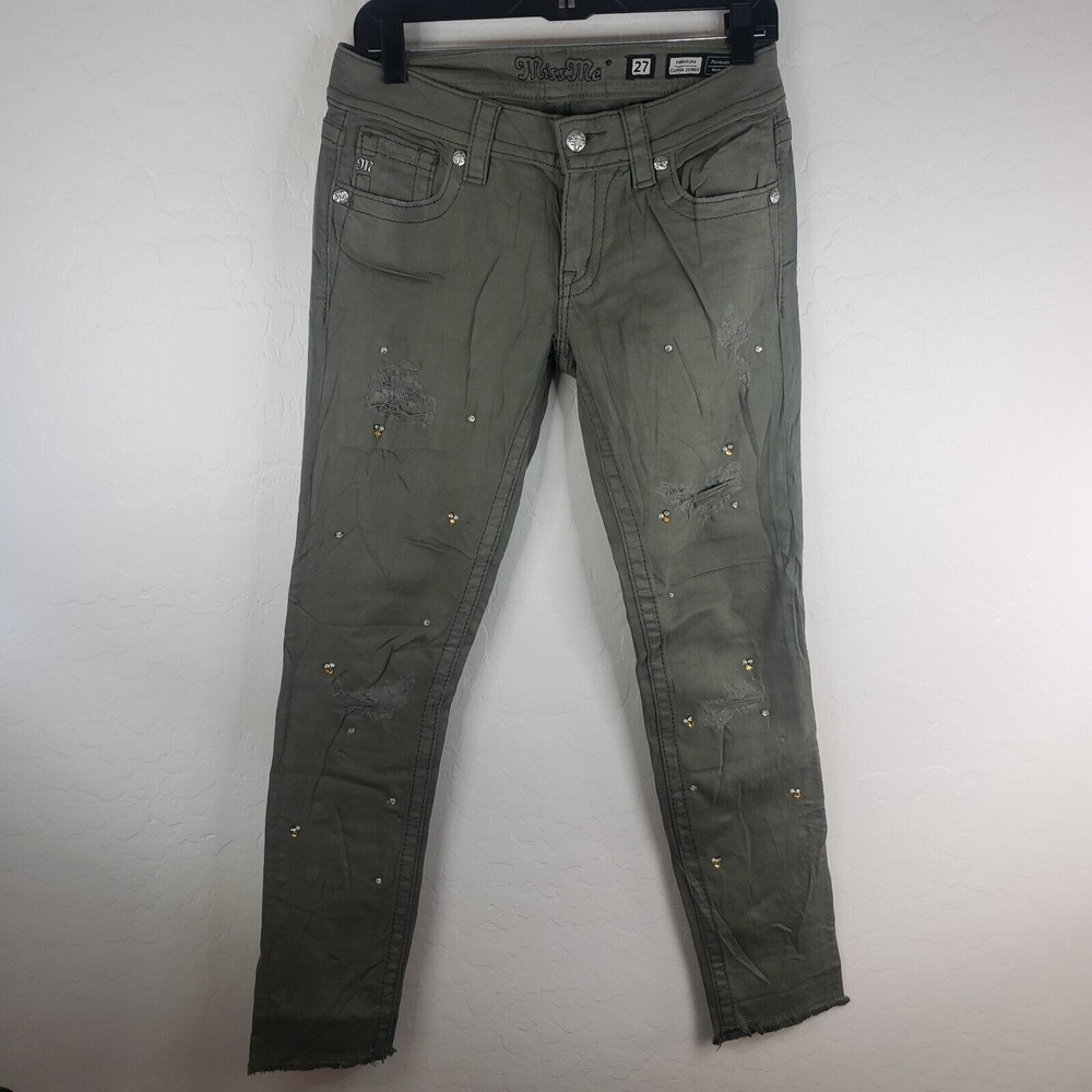Miss Me Jeans 29x30 Womens 27 Green Embellished Distressed Denim Pants JP7244CK2
